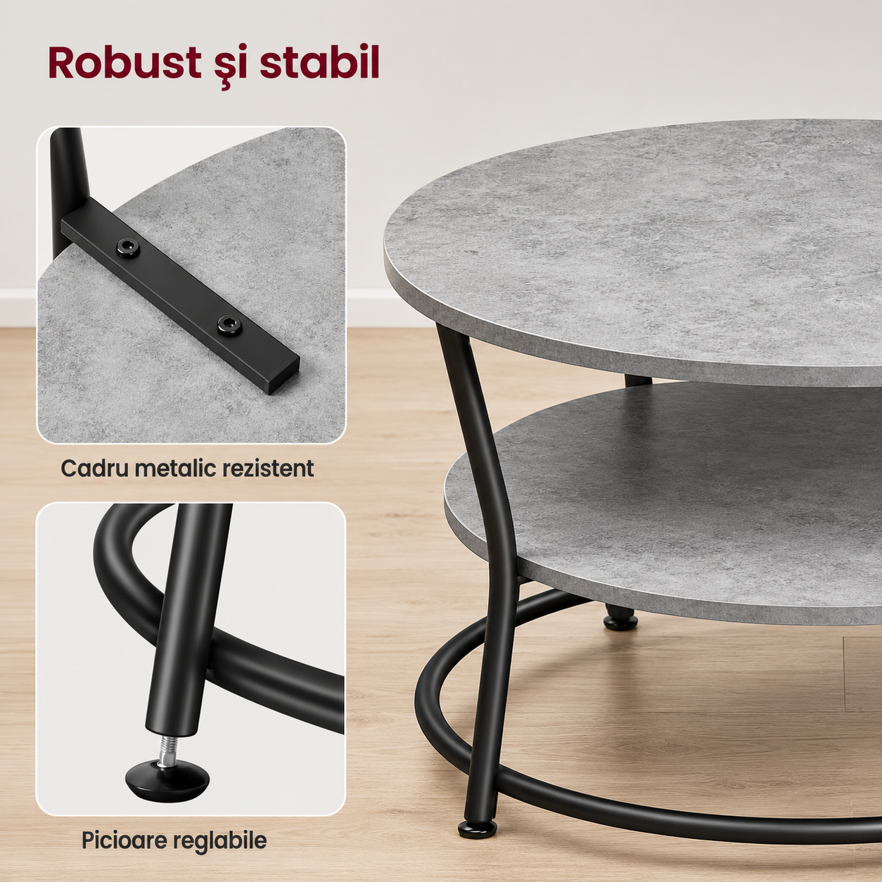 VASAGLE Masuta de cafea rotunda cu raft, 80x80x47 cm, cadru metalic, stil industrial, gri beton si negru - imagine 3