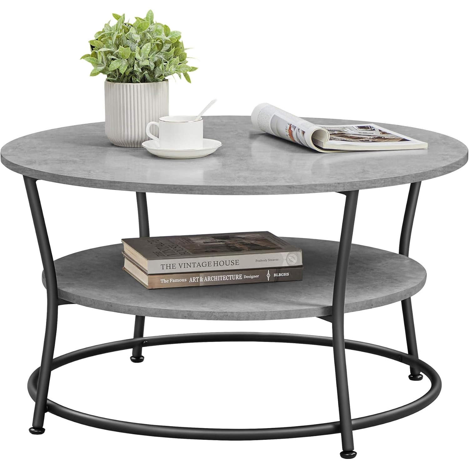 VASAGLE Masuta de cafea rotunda cu raft, 80x80x47 cm, cadru metalic, stil industrial, gri beton si negru - imagine 4
