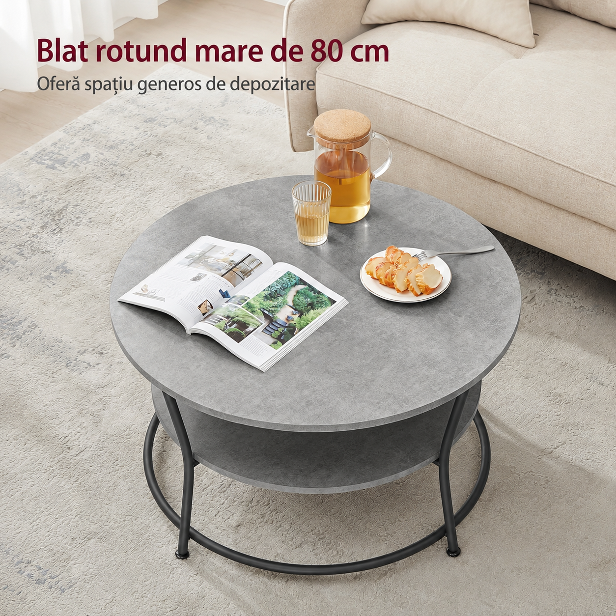 VASAGLE Masuta de cafea rotunda cu raft, 80x80x47 cm, cadru metalic, stil industrial, gri beton si negru - imagine 5