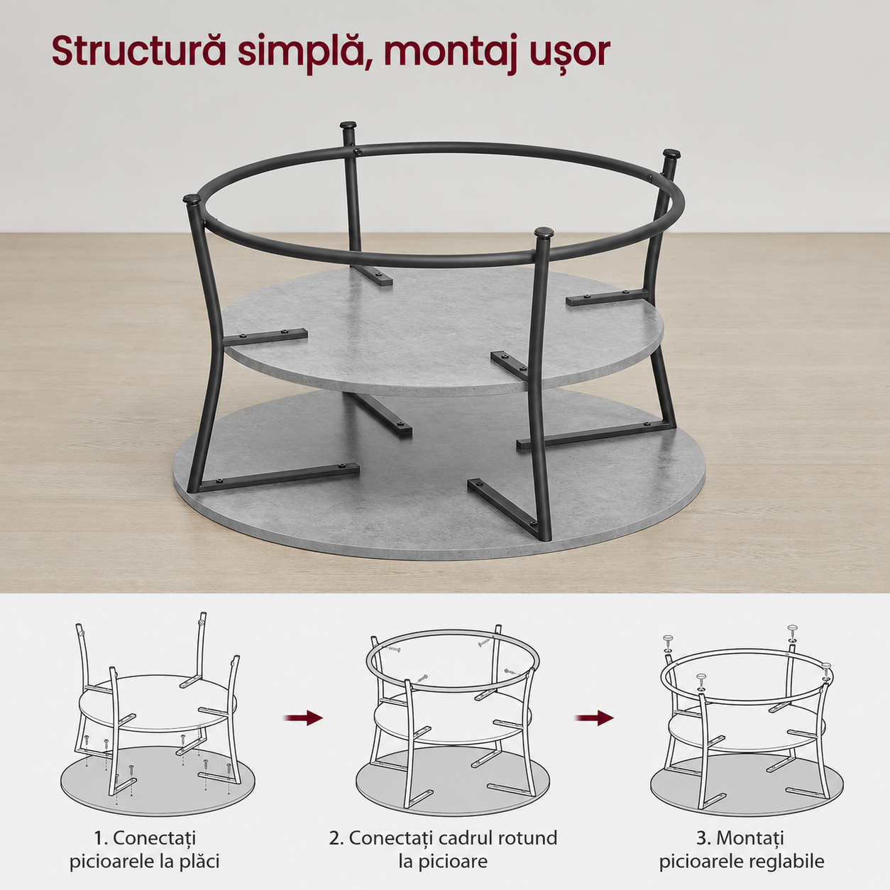 VASAGLE Masuta de cafea rotunda cu raft, 80x80x47 cm, cadru metalic, stil industrial, gri beton si negru - imagine 7