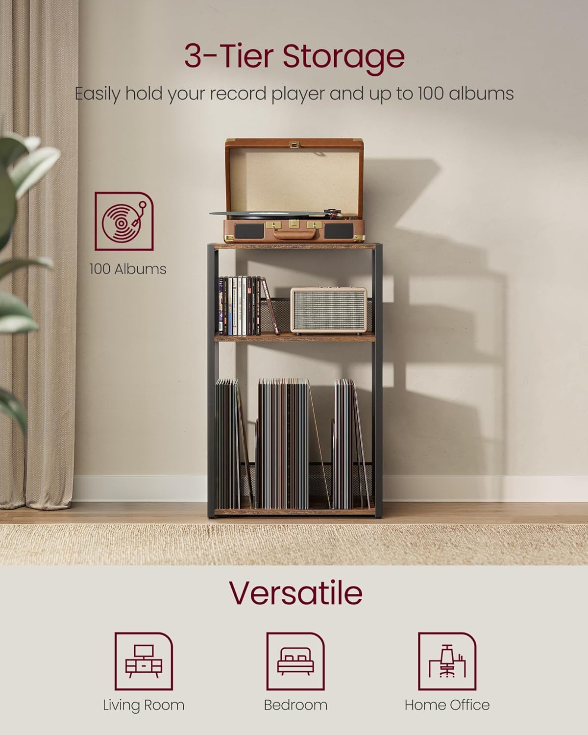 VASAGLE Suport pentru pickup si depozitare viniluri, 3 niveluri, cadru metalic, 43x30x69 cm, maro rustic - imagine 2