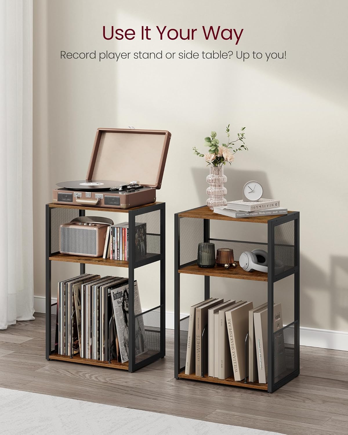 VASAGLE Suport pentru pickup si depozitare viniluri, 3 niveluri, cadru metalic, 43x30x69 cm, maro rustic - imagine 3