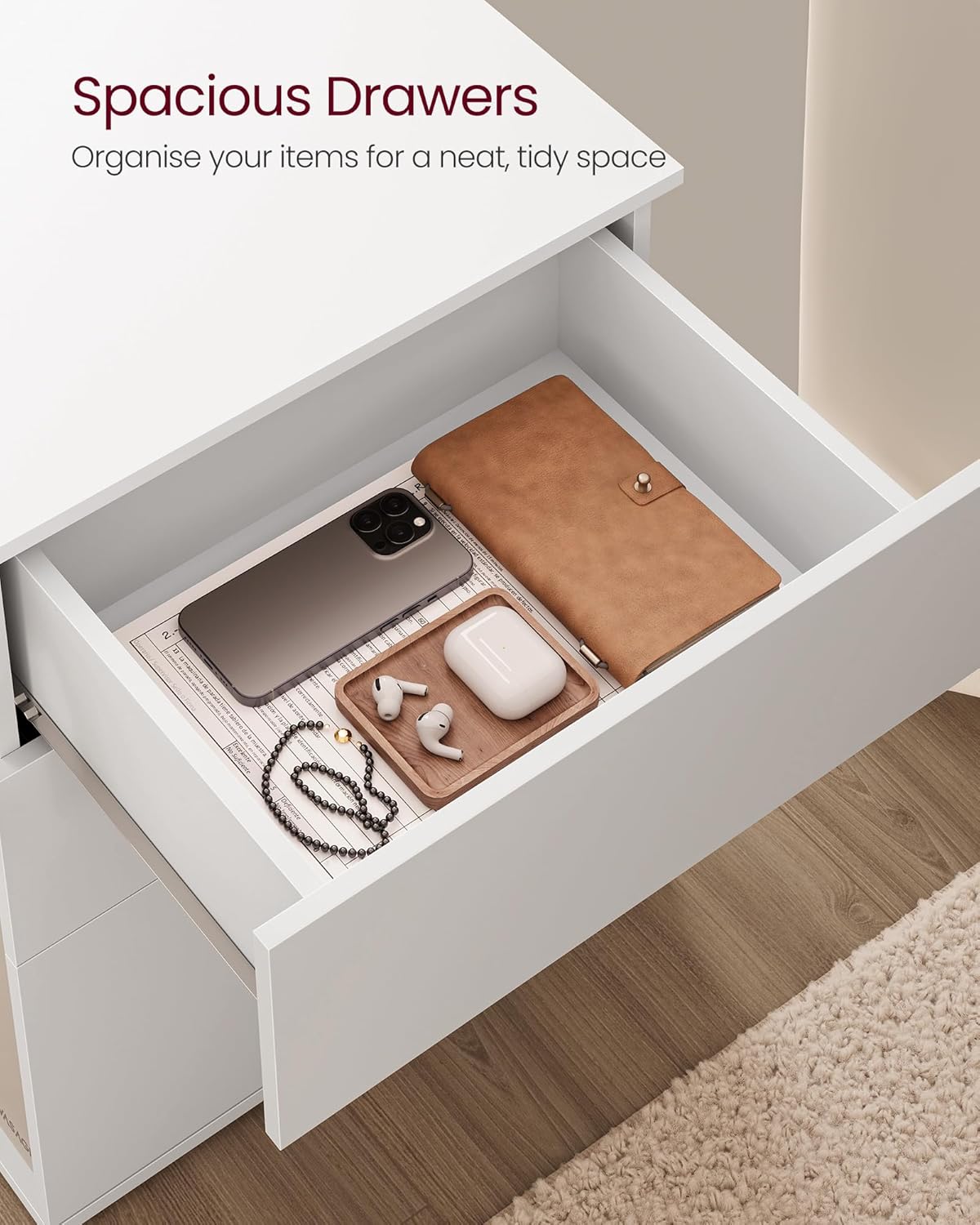 VASAGLE Noptiera cu 3 sertare, constructie robusta cu design modern minimalist, 45x35x59 cm, alb mat - imagine 3