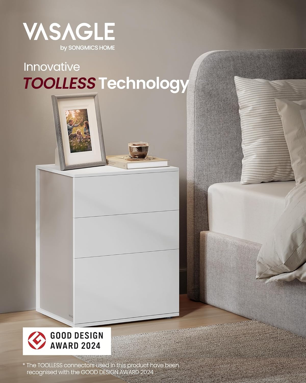 VASAGLE Noptiera cu 3 sertare, constructie robusta cu design modern minimalist, 45x35x59 cm, alb mat - imagine 4
