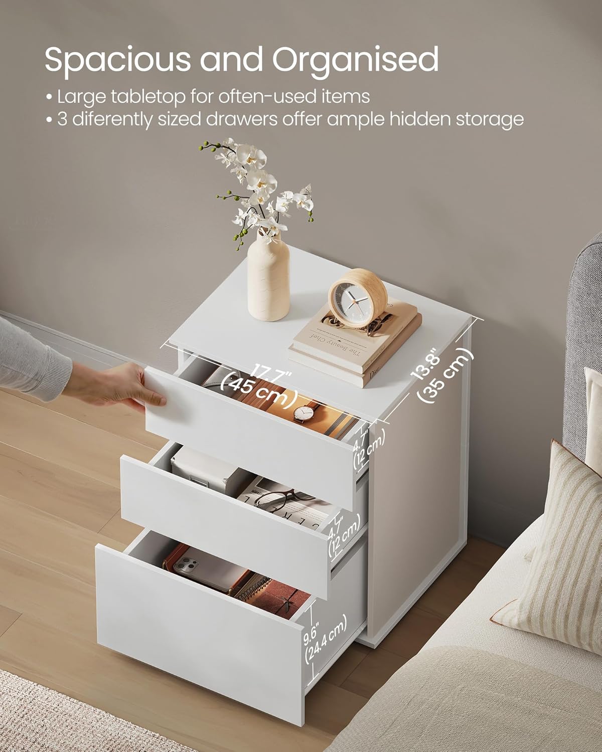 VASAGLE Noptiera cu 3 sertare, constructie robusta cu design modern minimalist, 45x35x59 cm, alb mat - imagine 5