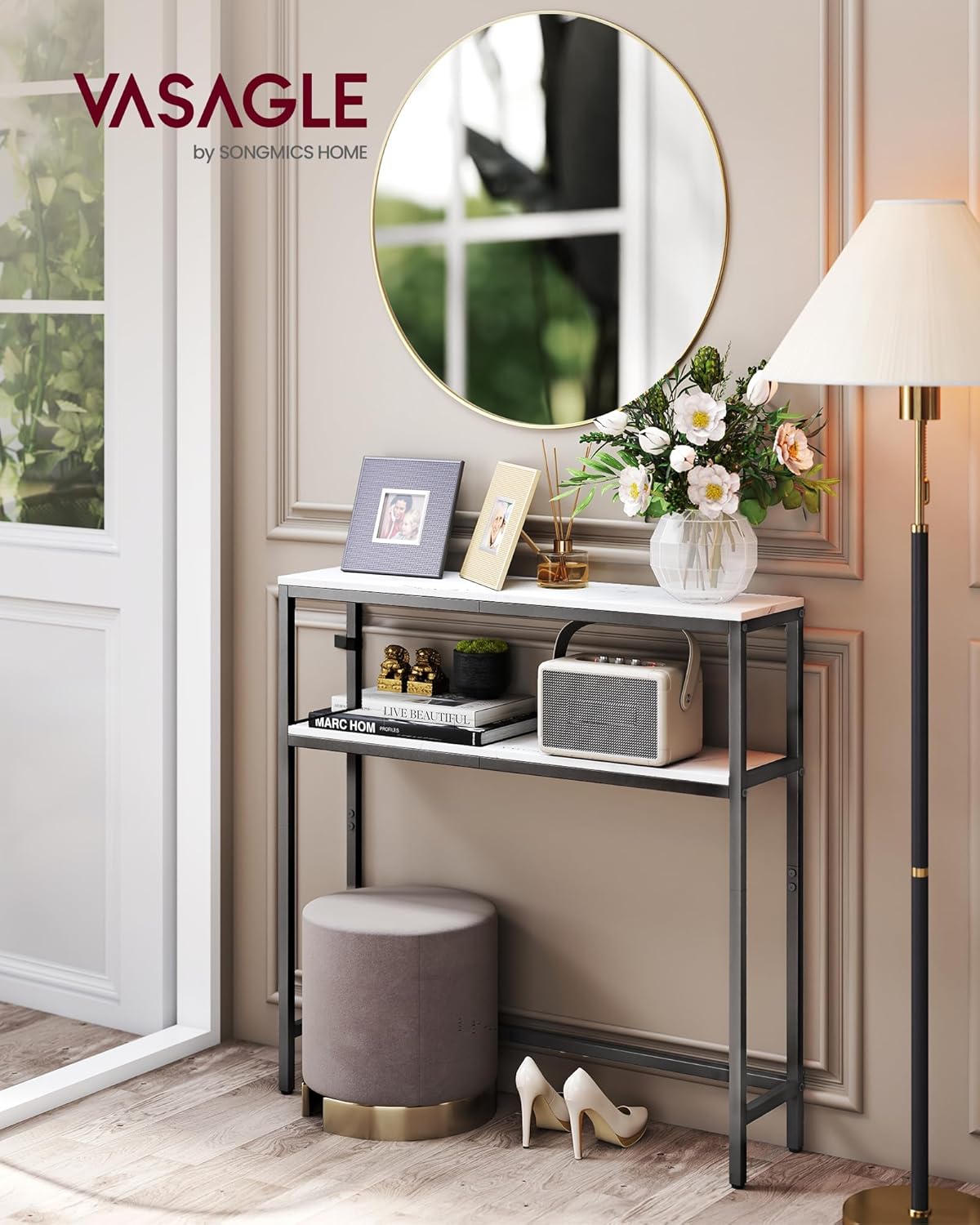 VASAGLE Consola ingusta pentru hol si living, cu 2 rafturi pentru depozitare si decoratiuni, blat cu aspect de marmura alba, cadru metalic rezistent, design modern, 80x20x80 cm, alb marmura si negru - imagine 4