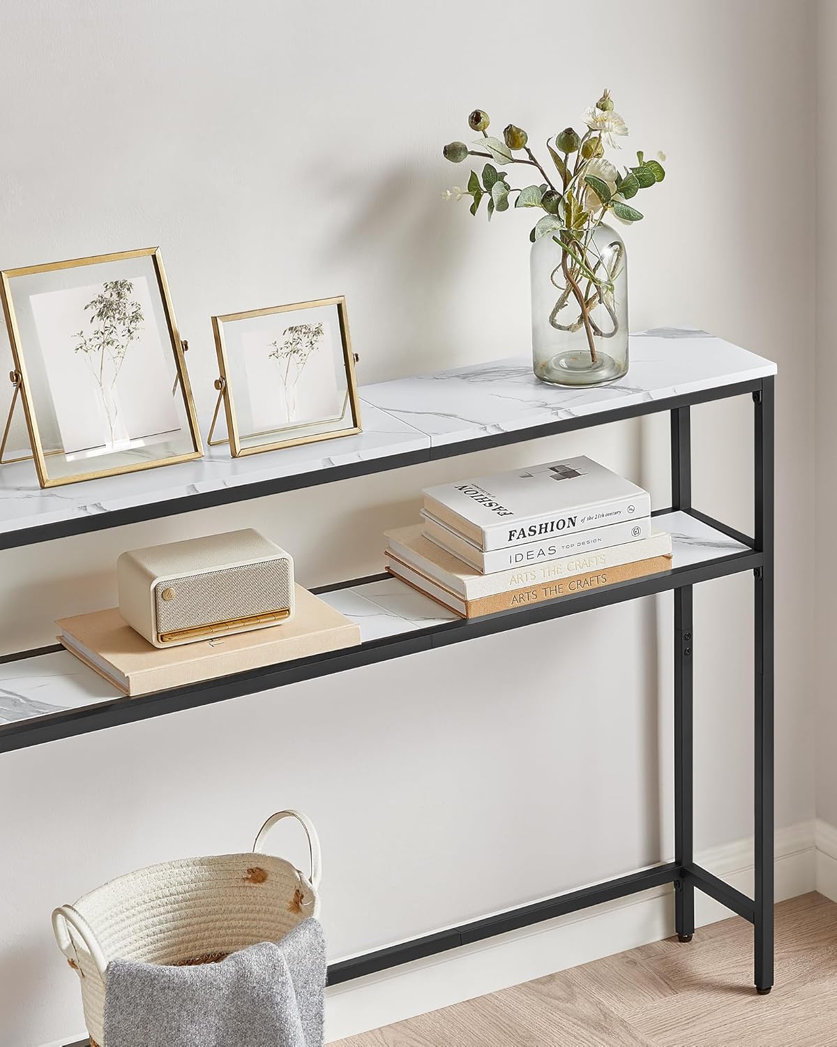 VASAGLE Consola ingusta pentru hol si living, cu 2 rafturi pentru depozitare si decoratiuni, blat cu aspect de marmura alba, cadru metalic rezistent, design modern, 80x20x80 cm, alb marmura si negru - imagine 5