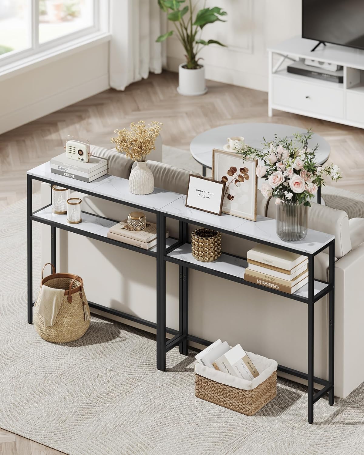 VASAGLE Consola ingusta pentru hol si living, cu 2 rafturi pentru depozitare si decoratiuni, blat cu aspect de marmura alba, cadru metalic rezistent, design modern, 80x20x80 cm, alb marmura si negru - imagine 6