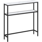 VASAGLE Consola ingusta pentru hol si living, cu 2 rafturi pentru depozitare si decoratiuni, blat cu aspect de marmura alba, cadru metalic rezistent, design modern, 80x20x80 cm, alb marmura si negru