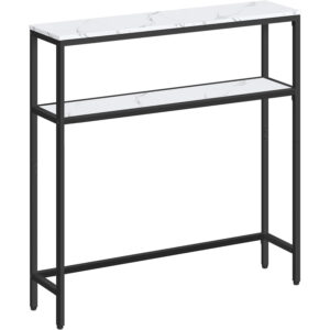 VASAGLE Consola ingusta pentru hol si living, cu 2 rafturi pentru depozitare si decoratiuni, blat cu aspect de marmura alba, cadru metalic rezistent, design modern, 80x20x80 cm, alb marmura si negru