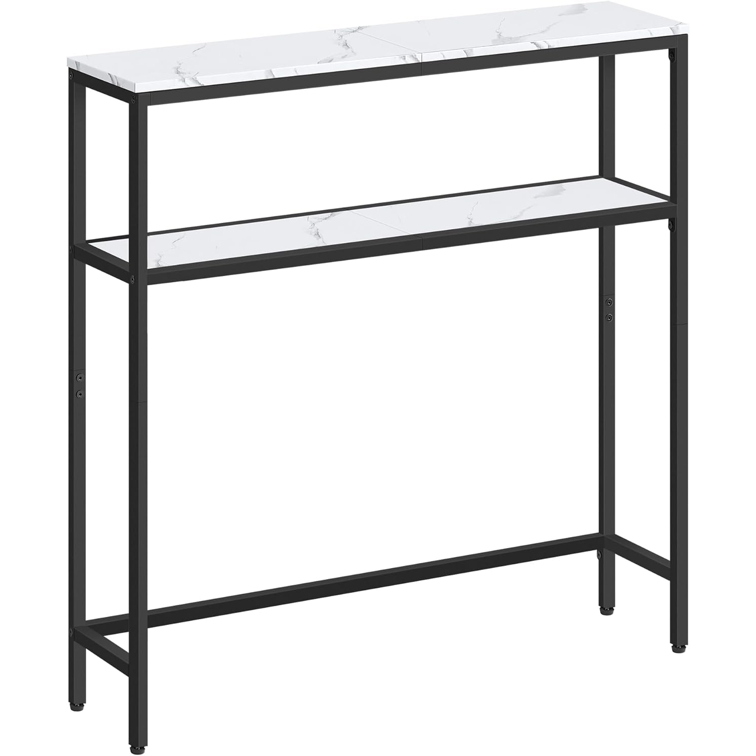 VASAGLE Consola ingusta pentru hol si living, cu 2 rafturi pentru depozitare si decoratiuni, blat cu aspect de marmura alba, cadru metalic rezistent, design modern, 80x20x80 cm, alb marmura si negru