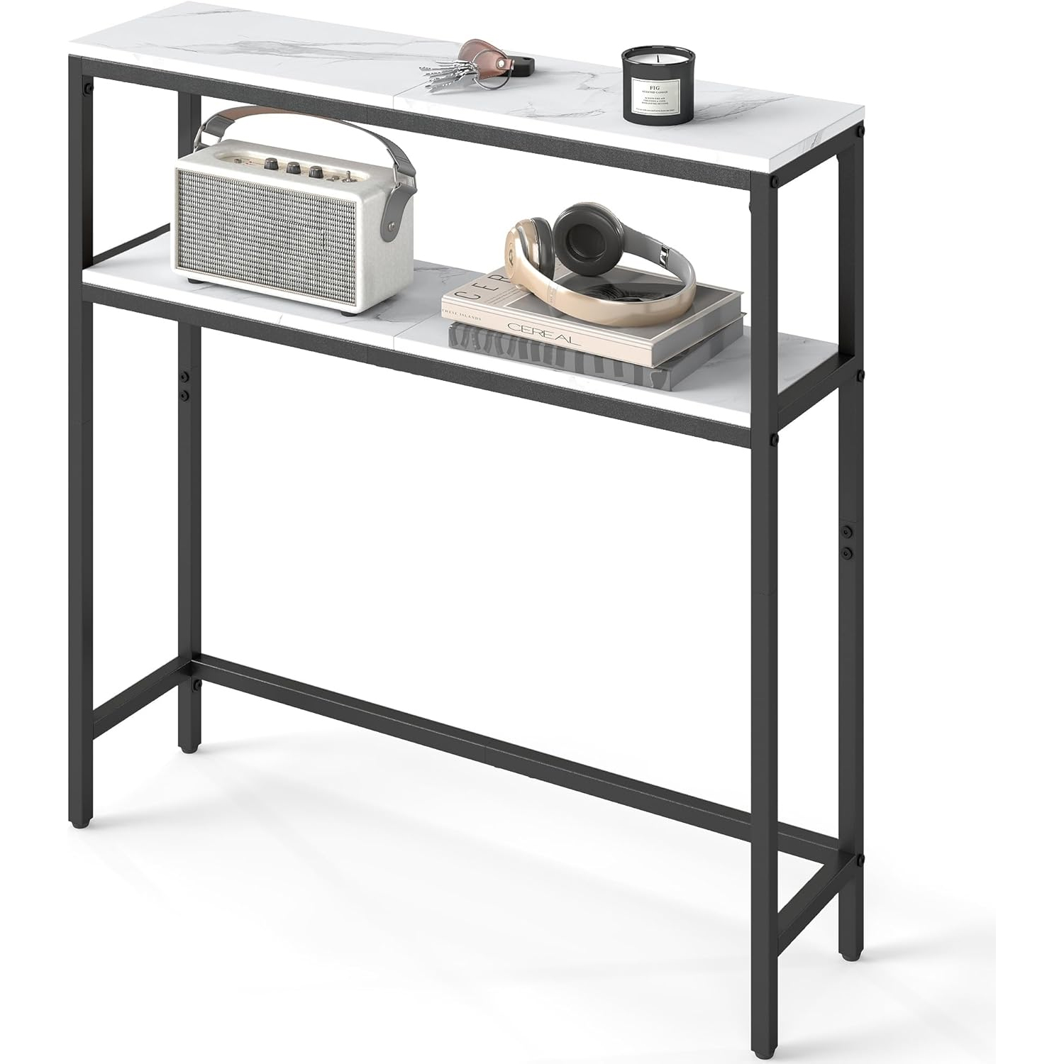 VASAGLE Consola ingusta pentru hol si living, cu 2 rafturi pentru depozitare si decoratiuni, blat cu aspect de marmura alba, cadru metalic rezistent, design modern, 80x20x80 cm, alb marmura si negru - imagine 7