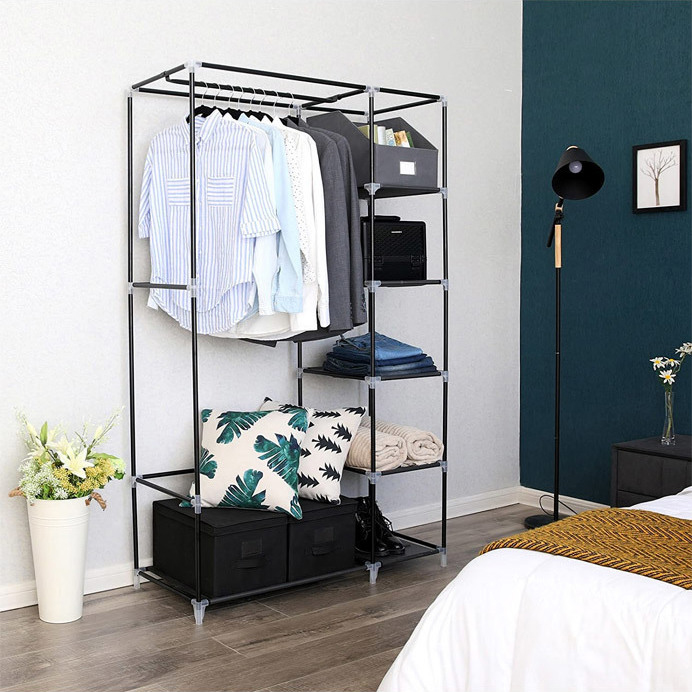 SONGMICS Garderoba din material textil, dulap portabil, cu rafturi si sina de agatat, 110x45x175 cm, gri - imagine 4
