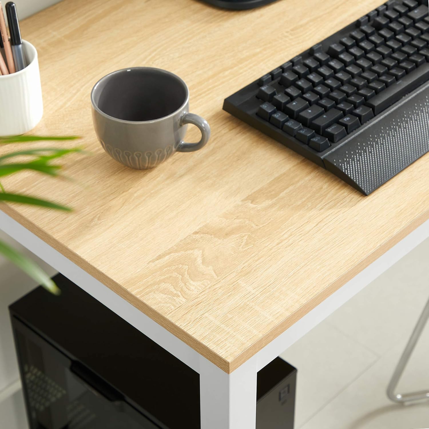 VASAGLE Birou pentru calculator, cadru metalic, design modern si minimalist, 120x60x75 cm, alb cu blat stejar - imagine 6