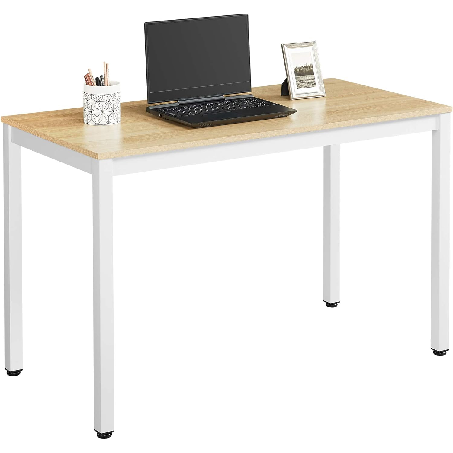 VASAGLE Birou pentru calculator, cadru metalic, design modern si minimalist, 120x60x75 cm, alb cu blat stejar - imagine 8