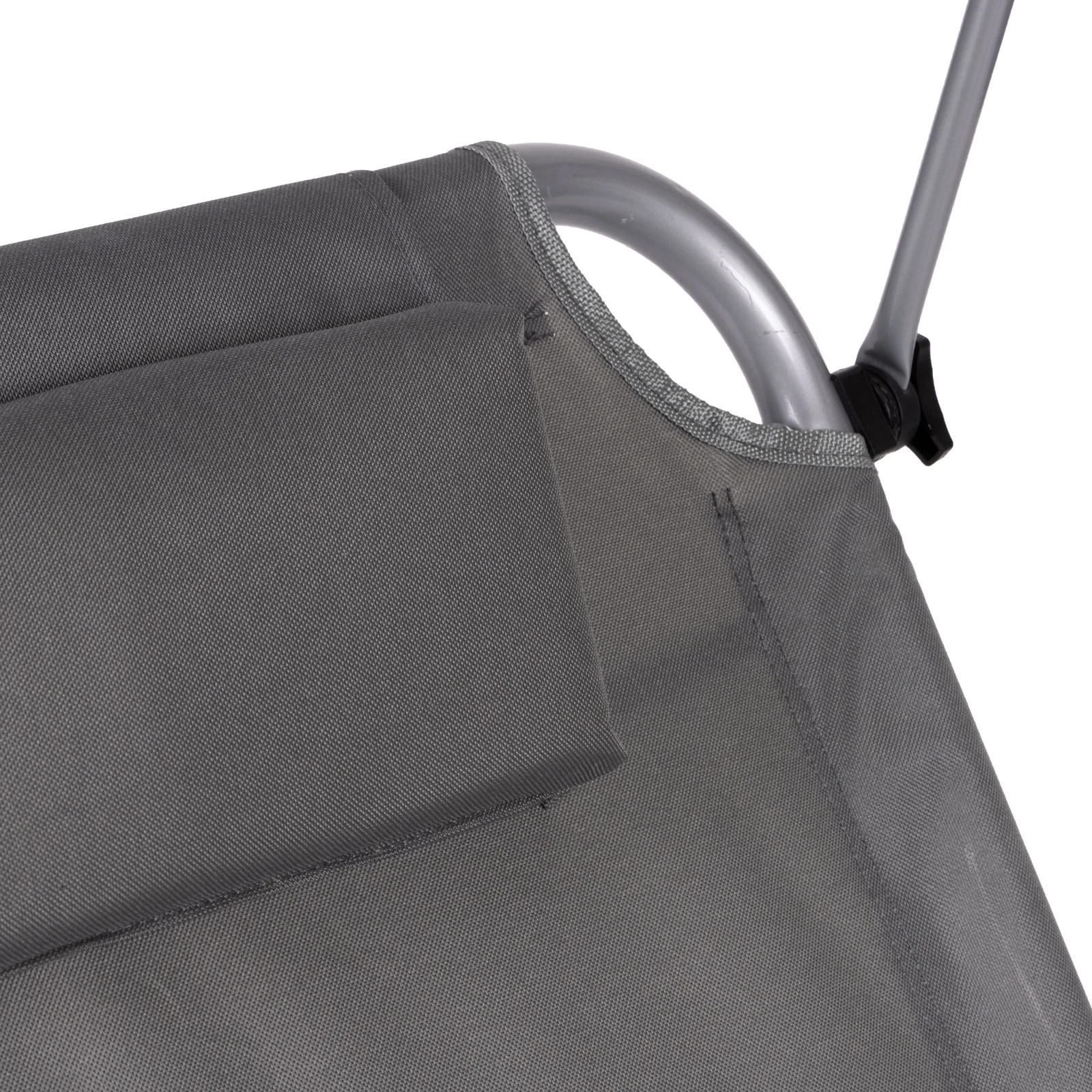 Sezlong pliabil pentru plaja cu roti, cadru metalic si tesatura oxford, parasolar si tetiera, 120 kg, gri - imagine 5