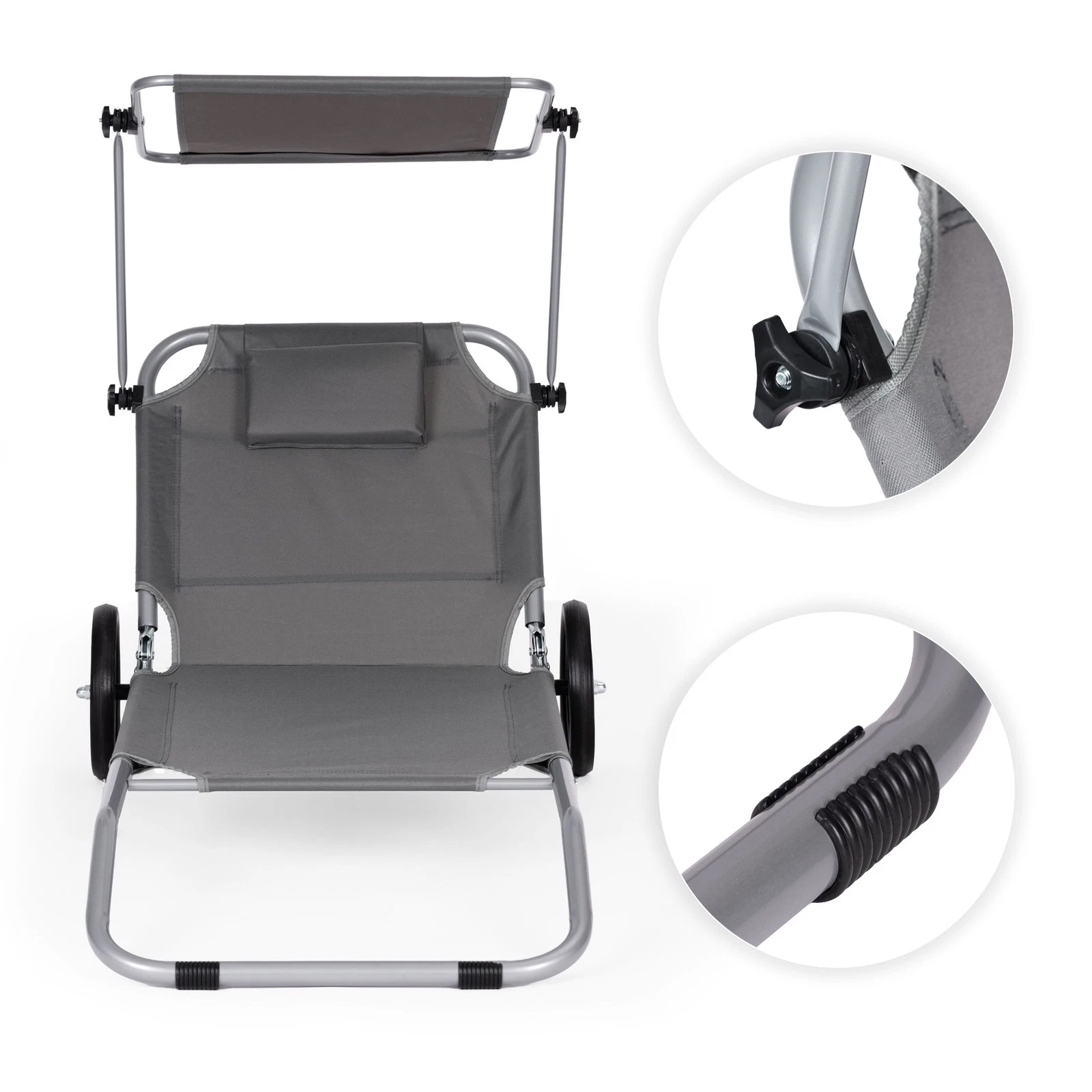 Sezlong pliabil pentru plaja cu roti, cadru metalic si tesatura oxford, parasolar si tetiera, 120 kg, gri - imagine 7