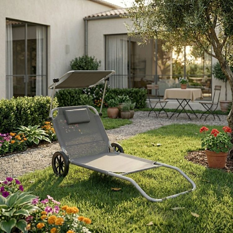 Sezlong pliabil pentru plaja cu roti, cadru metalic si tesatura oxford, parasolar si tetiera, 120 kg, gri - imagine 10