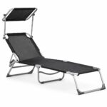 Sezlong pliabil cu parasolar, spatar reglabil, 178x57 cm, 150 kg, negru