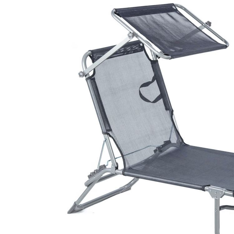 Sezlong pliabil cu parasolar, spatar reglabil, 178x57 cm, 150 kg, gri - imagine 3