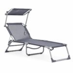 Sezlong pliabil cu parasolar, spatar reglabil, 178x57 cm, 150 kg, gri
