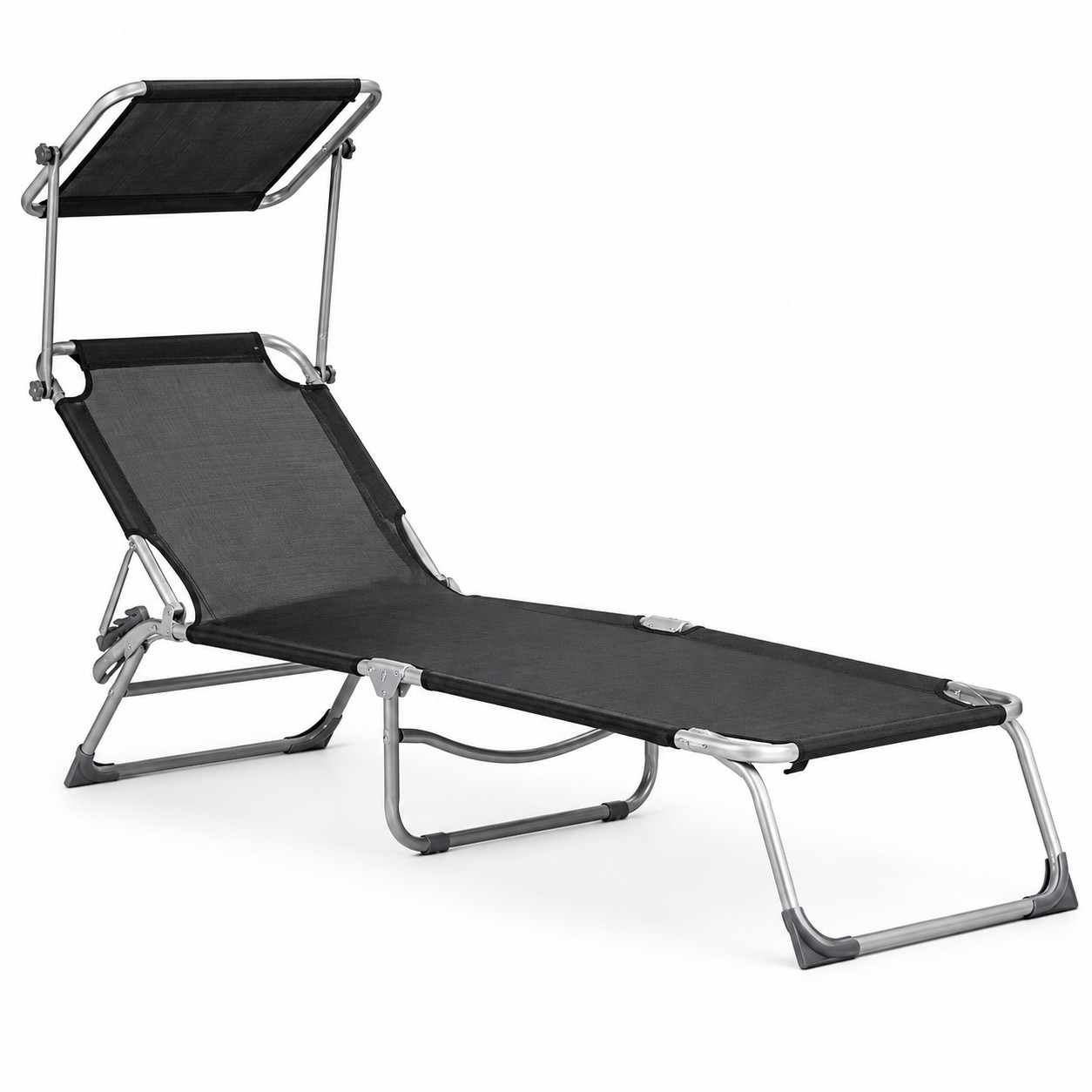 Sezlong pliabil cu parasolar, spatar reglabil, 178x57 cm, 150 kg, negru