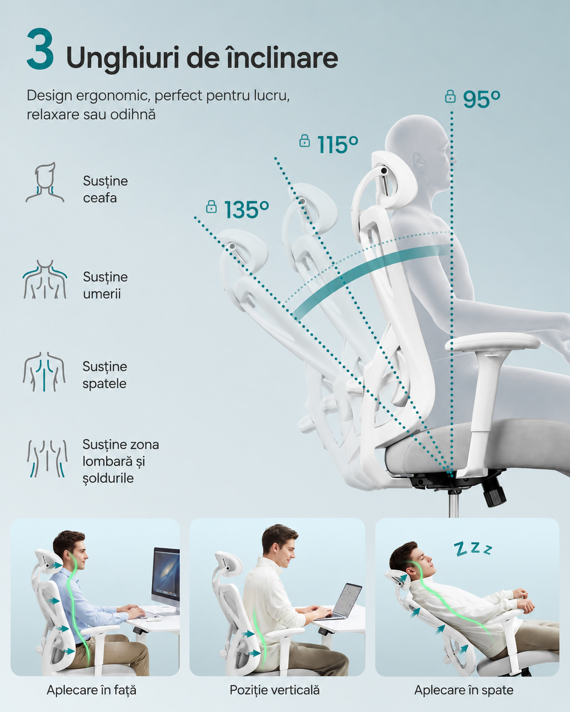 SONGMICS Scaun de birou ergonomic reglabil cu suport lombar si tetiera, maxim 120 kg, 70x70x125 cm, gri - imagine 4