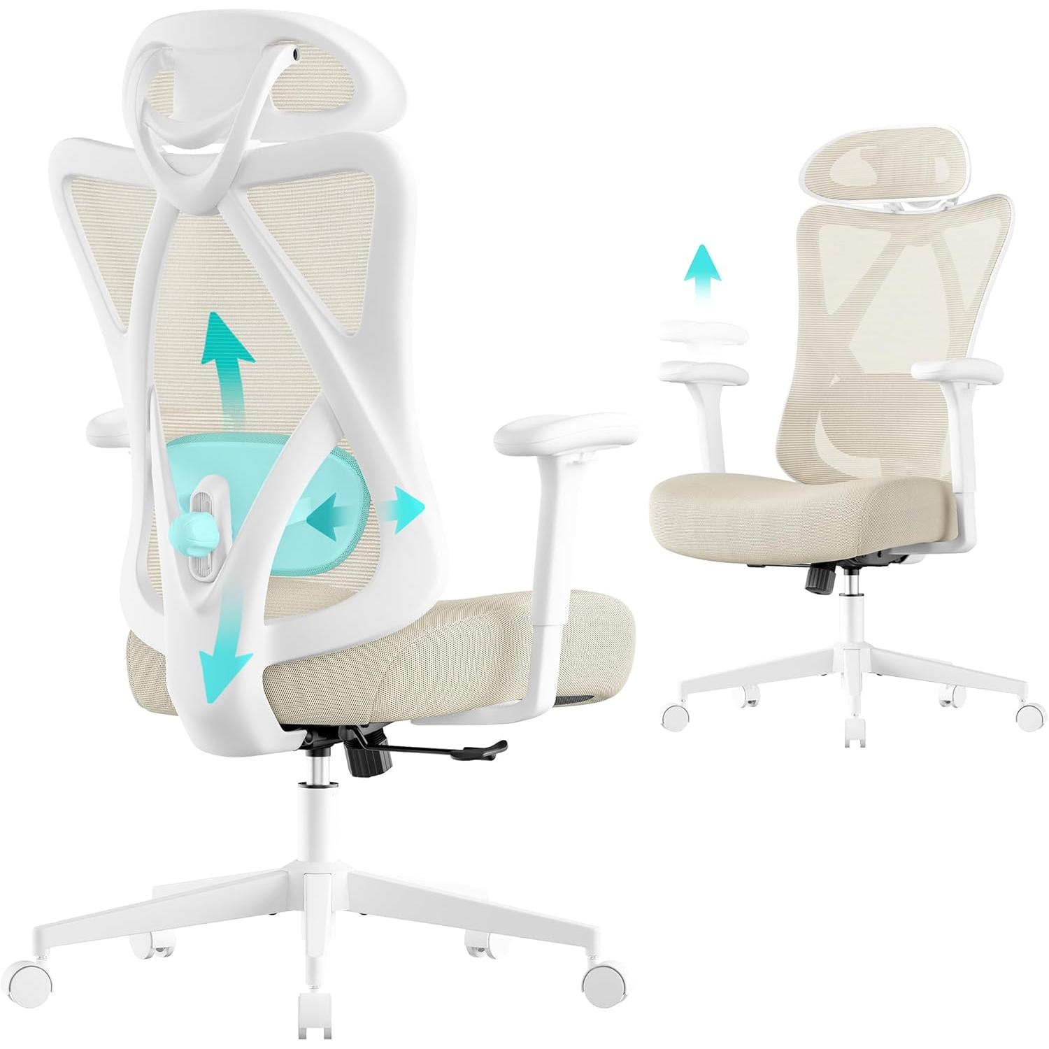 SONGMICS Scaun de birou ergonomic reglabil cu suport lombar si tetiera, maxim 120 kg, 70x70x125 cm, bej cappuccino - imagine 4