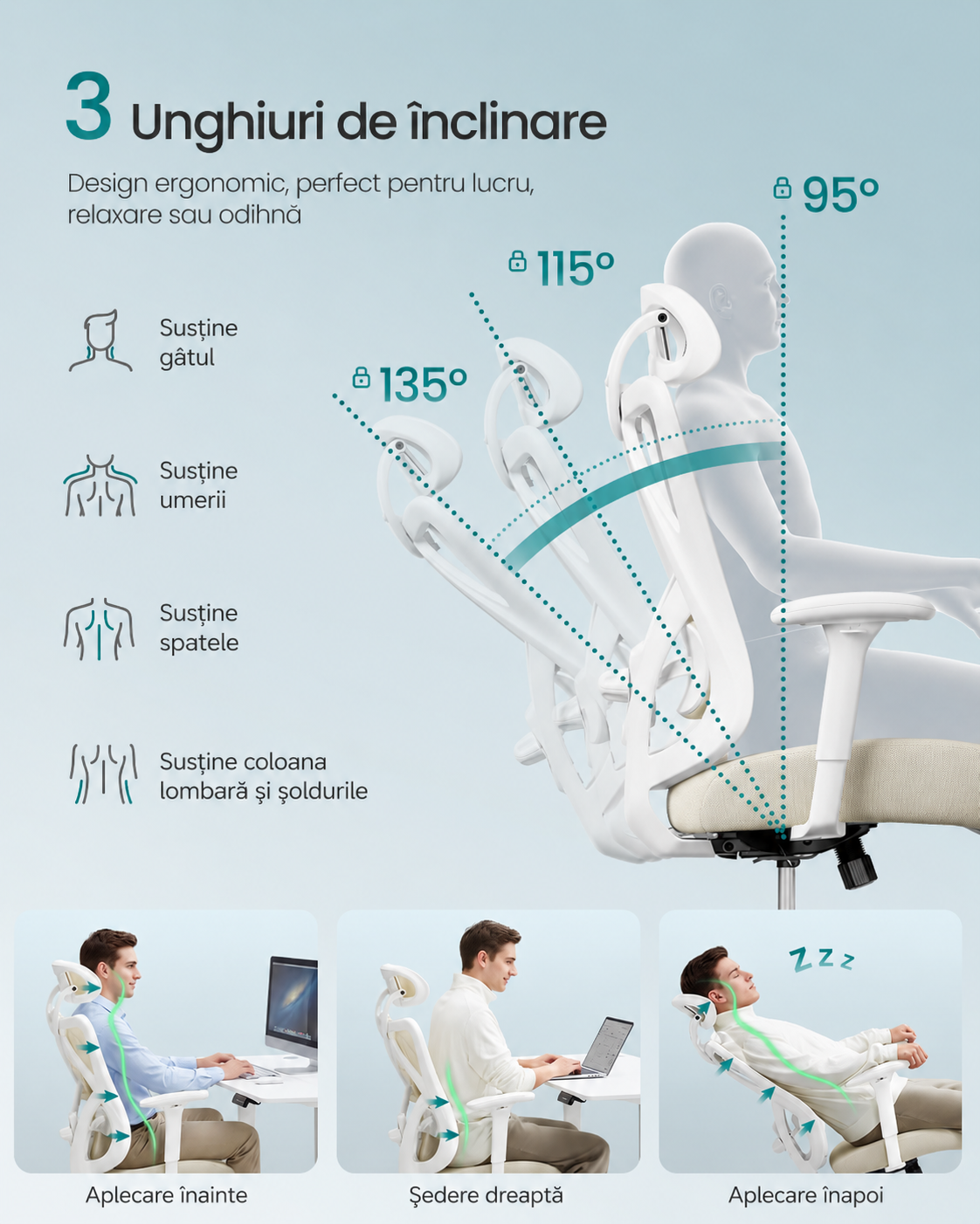 SONGMICS Scaun de birou ergonomic reglabil cu suport lombar si tetiera, maxim 120 kg, 70x70x125 cm, bej cappuccino - imagine 6