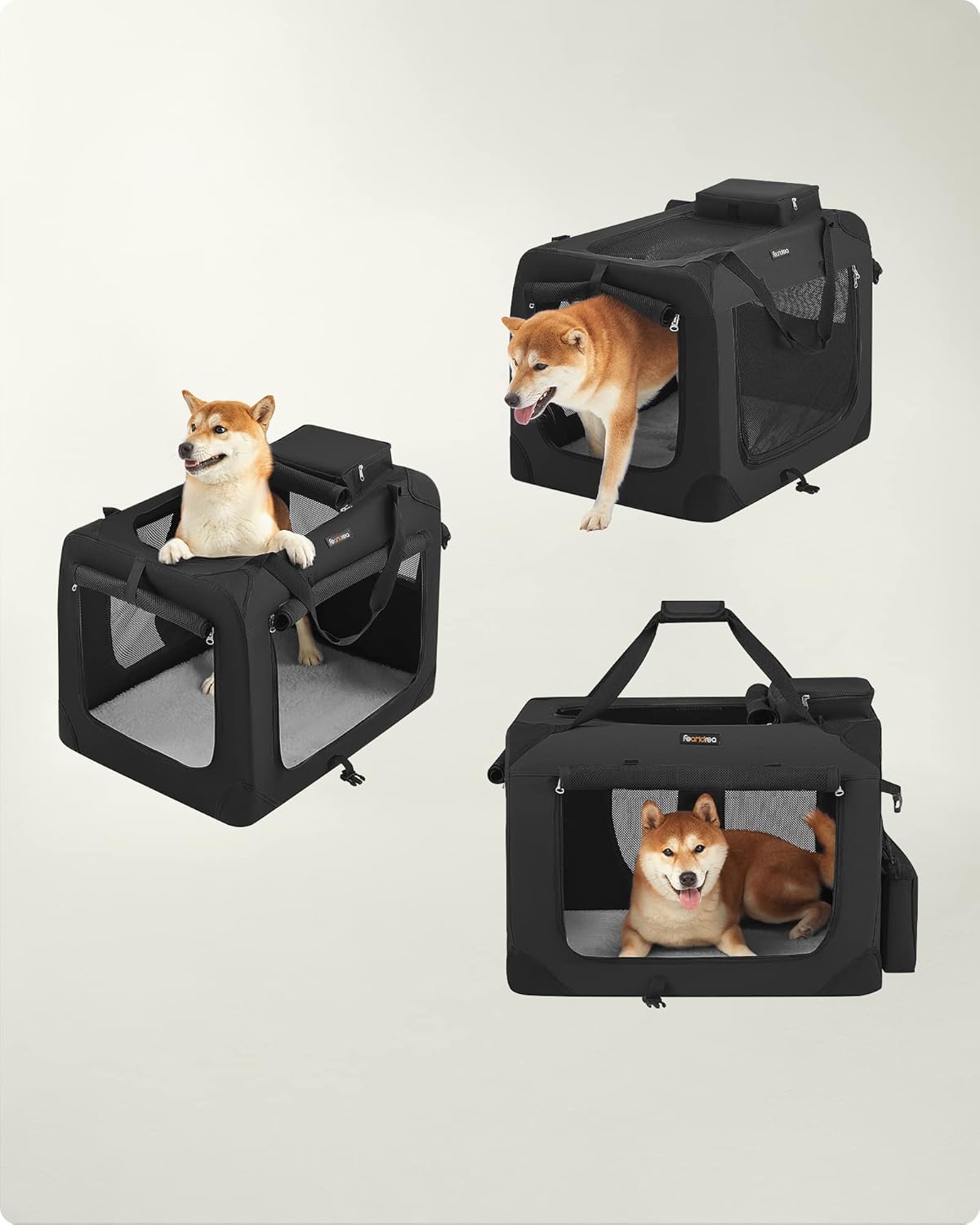 FEANDREA Geanta de transport pliabila pentru animale de companie, saltea inclusa, cadru metalic pentru stabilitate, buzunare laterale, 70x52x52 cm, negru - imagine 6