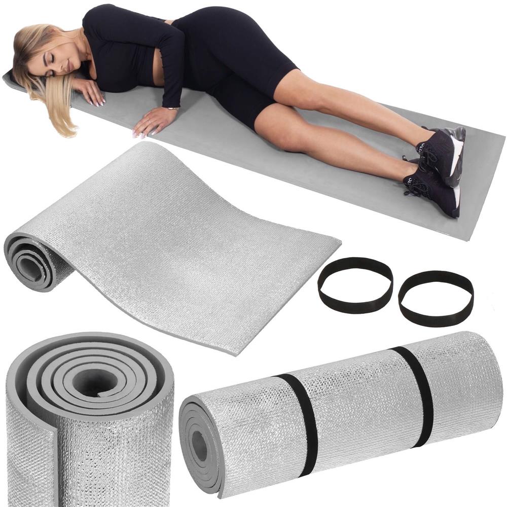 Saltea termoizolanta pentru camping sau plaja, 180x50 cm, spuma PE cu folie aluminiu, grosime 1 cm, gri - imagine 2