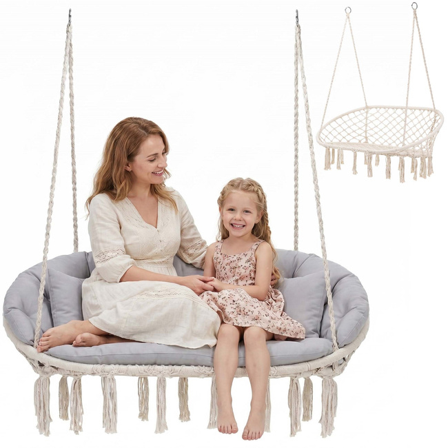 Scaun dublu tip leagan suspendat pentru casa sau gradina, cu perne, stil boho, 130x66x120 cm, maxim 300 kg, crem si gri - imagine 2