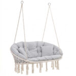 Scaun dublu tip leagan suspendat pentru casa sau gradina, cu perne, stil boho, 130x66x120 cm, maxim 300 kg, crem si gri