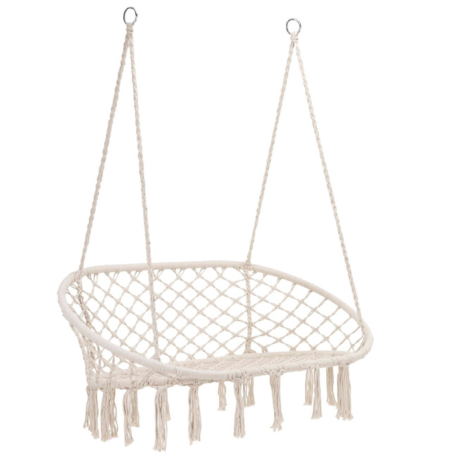 Scaun dublu tip leagan suspendat pentru casa sau gradina, cu perne, stil boho, 130x66x120 cm, maxim 300 kg, crem si gri - imagine 14