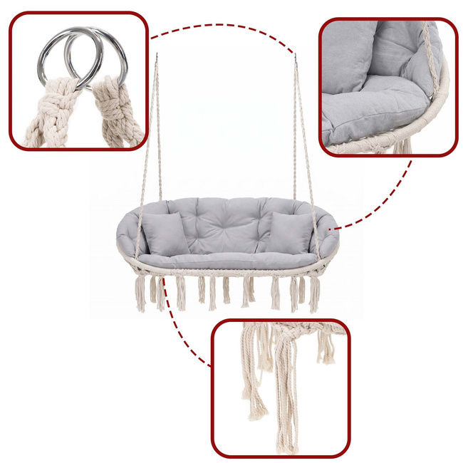 Scaun dublu tip leagan suspendat pentru casa sau gradina, cu perne, stil boho, 130x66x120 cm, maxim 300 kg, crem si gri - imagine 4