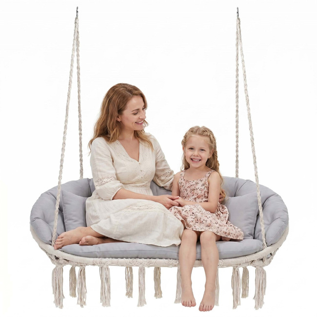 Scaun dublu tip leagan suspendat pentru casa sau gradina, cu perne, stil boho, 130x66x120 cm, maxim 300 kg, crem si gri - imagine 5