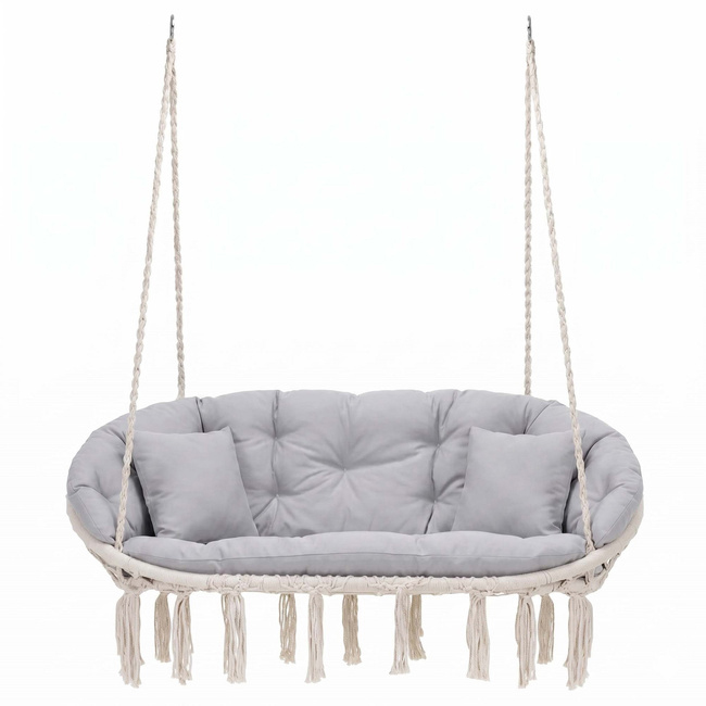 Scaun dublu tip leagan suspendat pentru casa sau gradina, cu perne, stil boho, 130x66x120 cm, maxim 300 kg, crem si gri - imagine 6