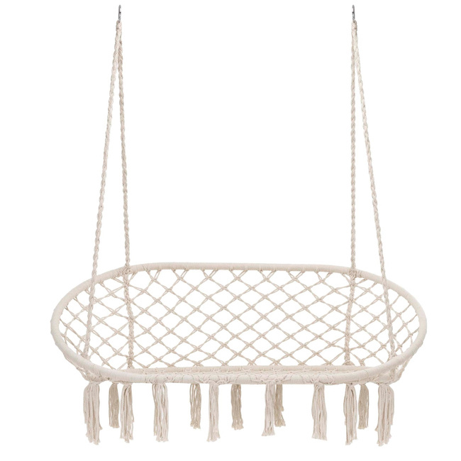 Scaun dublu tip leagan suspendat pentru casa sau gradina, cu perne, stil boho, 130x66x120 cm, maxim 300 kg, crem si gri - imagine 7