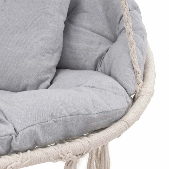 Scaun dublu tip leagan suspendat pentru casa sau gradina, cu perne, stil boho, 130x66x120 cm, maxim 300 kg, crem si gri - imagine 8