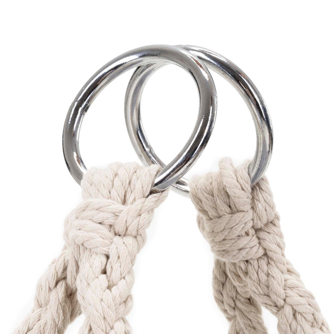 Scaun dublu tip leagan suspendat pentru casa sau gradina, cu perne, stil boho, 130x66x120 cm, maxim 300 kg, crem si gri - imagine 9
