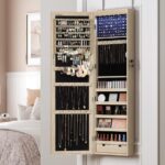 SONGMICS Dulap pentru bijuterii cu oglinda, montare pe perete sau usa, material MDF, inchidere cu cheie, 120x37x10 cm, stejar