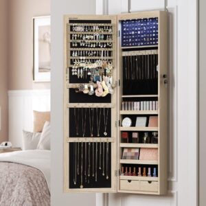 SONGMICS Dulap pentru bijuterii cu oglinda, montare pe perete sau usa, material MDF, inchidere cu cheie, 120x37x10 cm, stejar