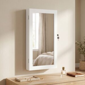 SONGMICS Dulap pentru bijuterii cu oglinda si incuietoare, montare pe perete, MDF si sticla, 55x10x67 cm, alb