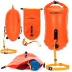 Geanta de inot cu spatiu depozitare uscat 2 in 1, geamandura gonflabila de siguranta, etansa cu 2 camere de aer, 36 L, fluier de urgenta incorporat, 54x27x21 cm, portocaliu fluorescent