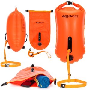 Geanta de inot cu spatiu depozitare uscat 2 in 1, geamandura gonflabila de siguranta, etansa cu 2 camere de aer, 36 L, fluier de urgenta incorporat, 54x27x21 cm, portocaliu fluorescent