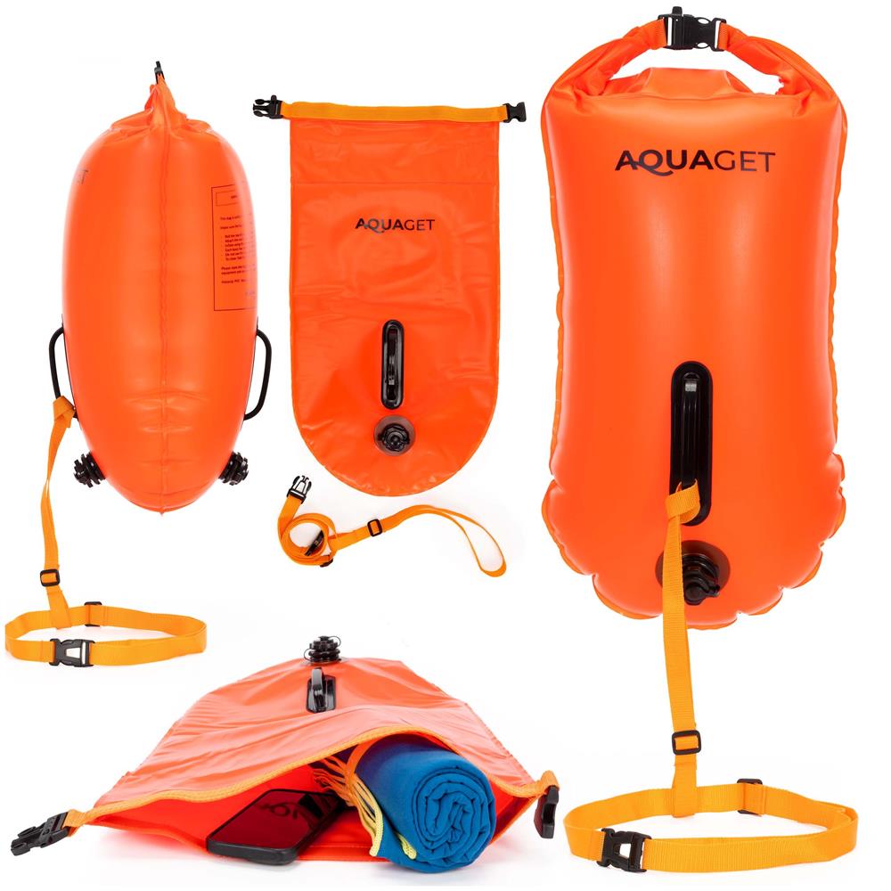 Geanta de inot cu spatiu depozitare uscat 2 in 1, geamandura gonflabila de siguranta, etansa cu 2 camere de aer, 36 L, fluier de urgenta incorporat, 54x27x21 cm, portocaliu fluorescent