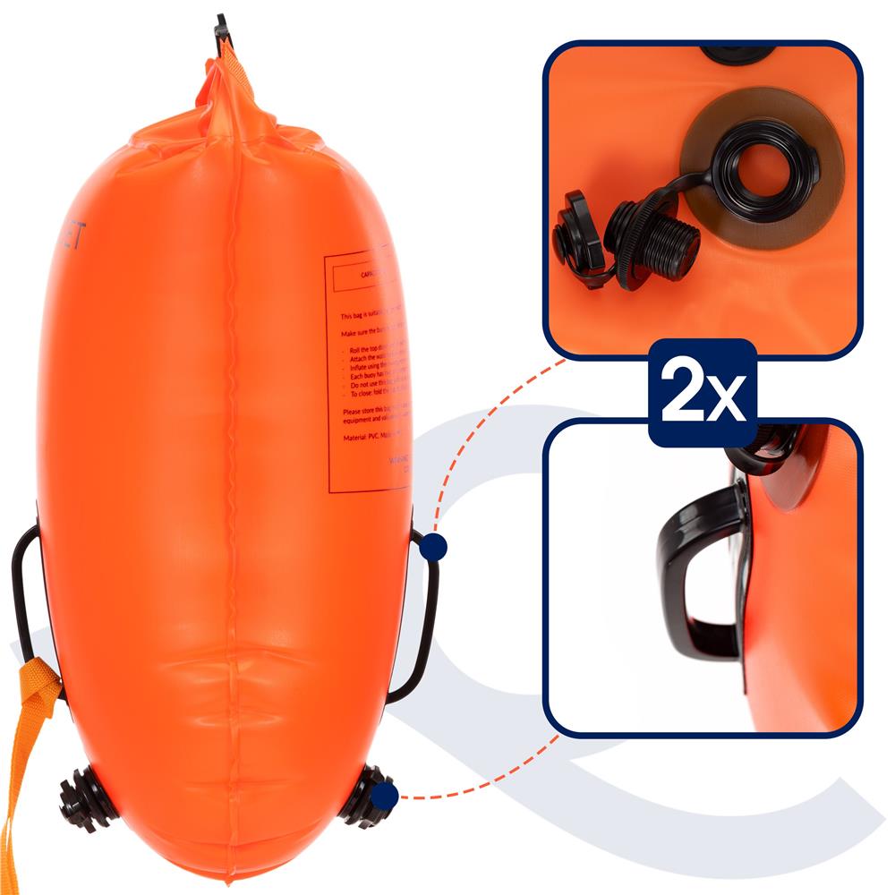 Geanta de inot cu spatiu depozitare uscat 2 in 1, geamandura gonflabila de siguranta, etansa cu 2 camere de aer, 36 L, fluier de urgenta incorporat, 54x27x21 cm, portocaliu fluorescent - imagine 18