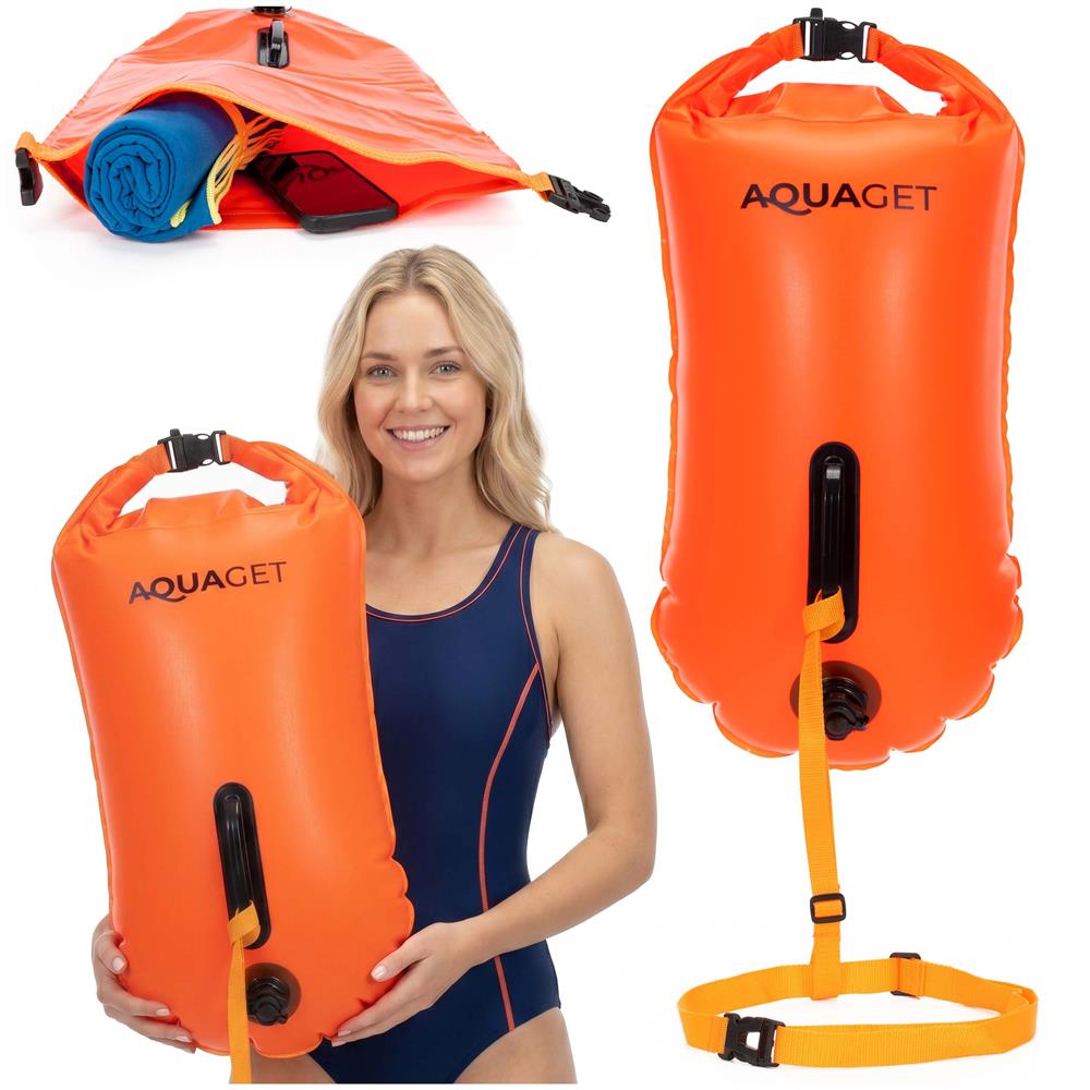 Geanta de inot cu spatiu depozitare uscat 2 in 1, geamandura gonflabila de siguranta, etansa cu 2 camere de aer, 36 L, fluier de urgenta incorporat, 54x27x21 cm, portocaliu fluorescent - imagine 2