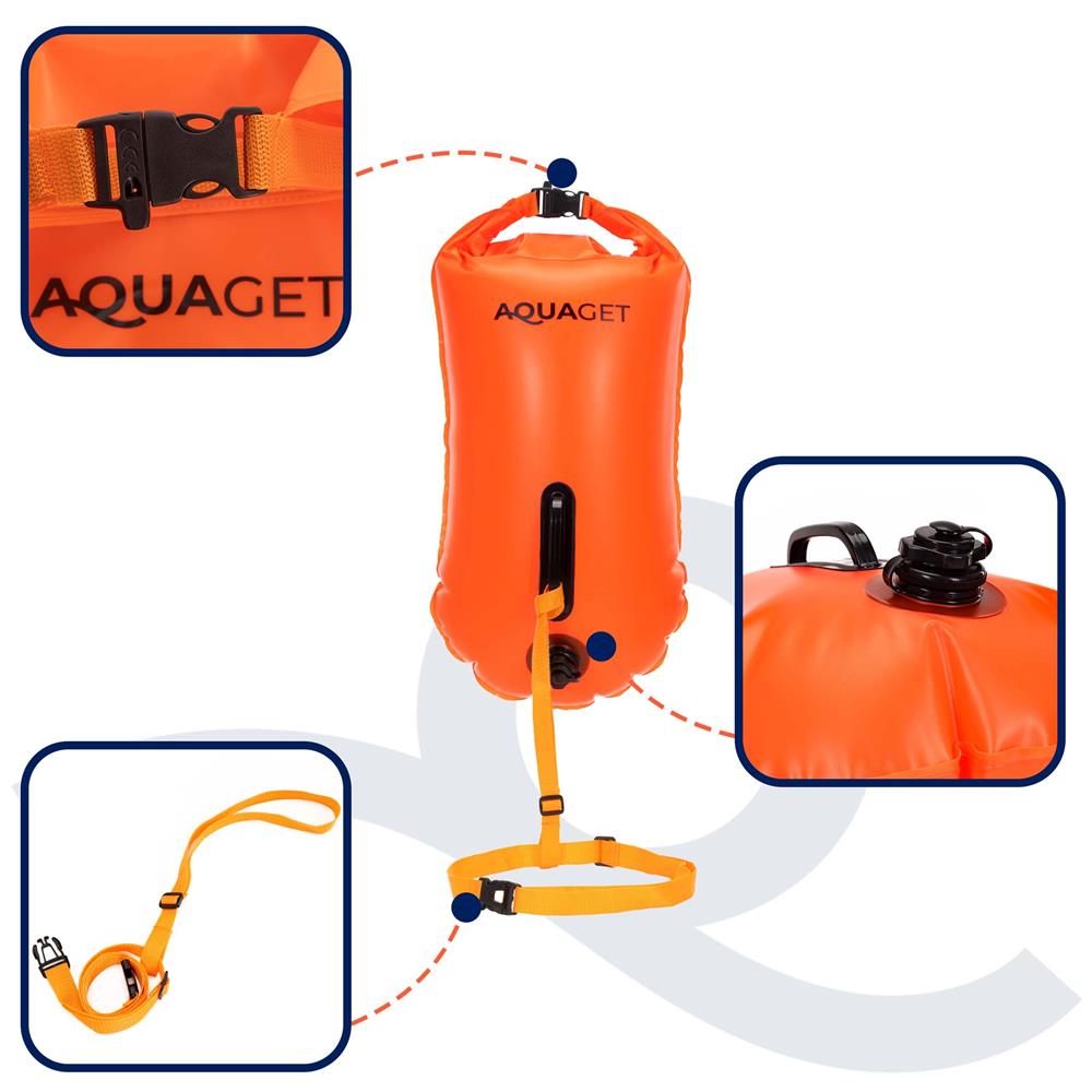 Geanta de inot cu spatiu depozitare uscat 2 in 1, geamandura gonflabila de siguranta, etansa cu 2 camere de aer, 36 L, fluier de urgenta incorporat, 54x27x21 cm, portocaliu fluorescent - imagine 23