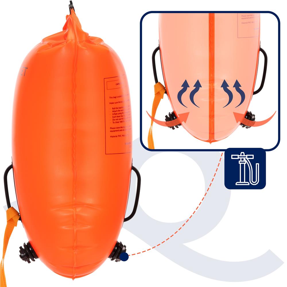Geanta de inot cu spatiu depozitare uscat 2 in 1, geamandura gonflabila de siguranta, etansa cu 2 camere de aer, 36 L, fluier de urgenta incorporat, 54x27x21 cm, portocaliu fluorescent - imagine 25